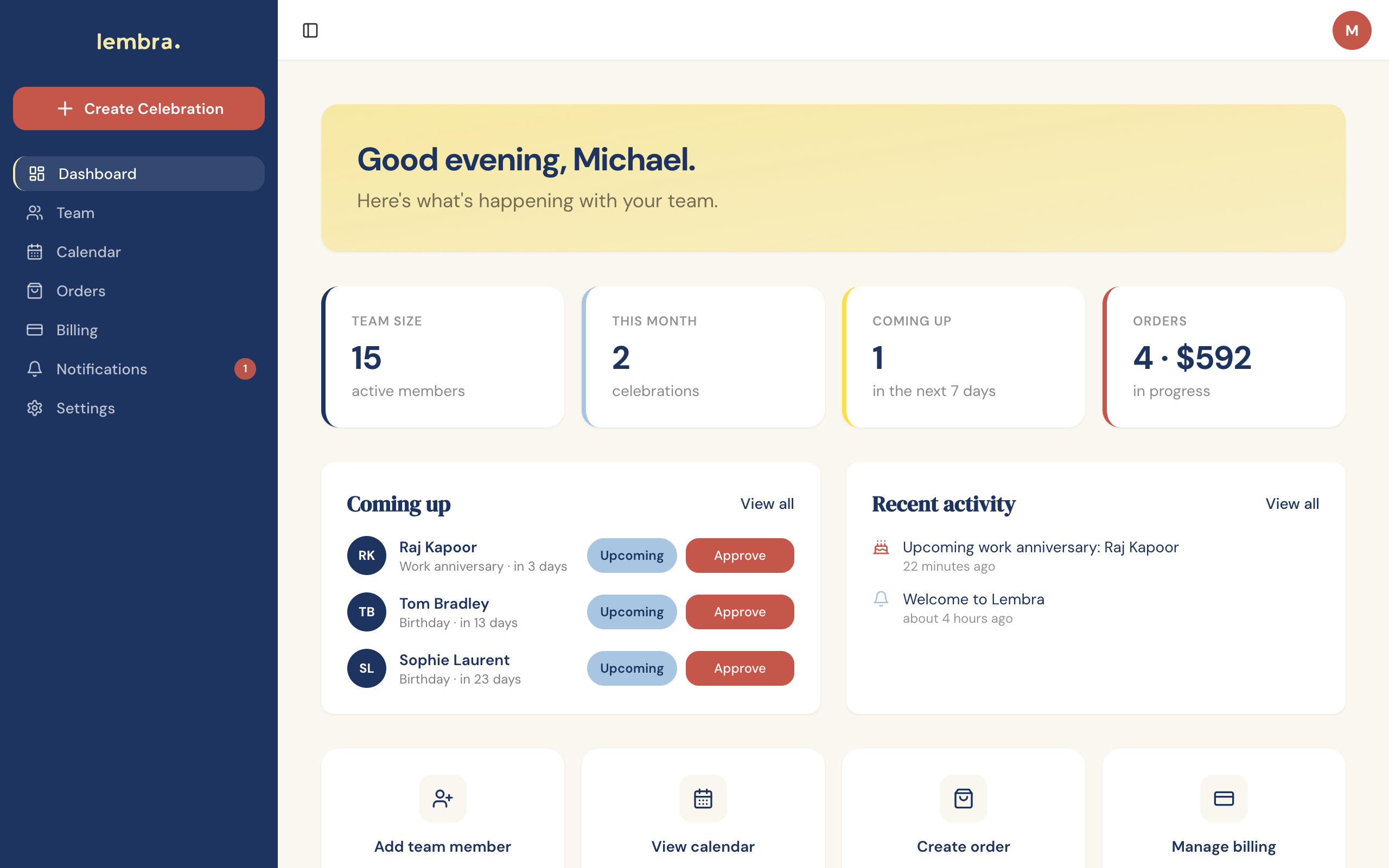 Lembra Dashboard, team stats, upcoming celebrations, recent activity