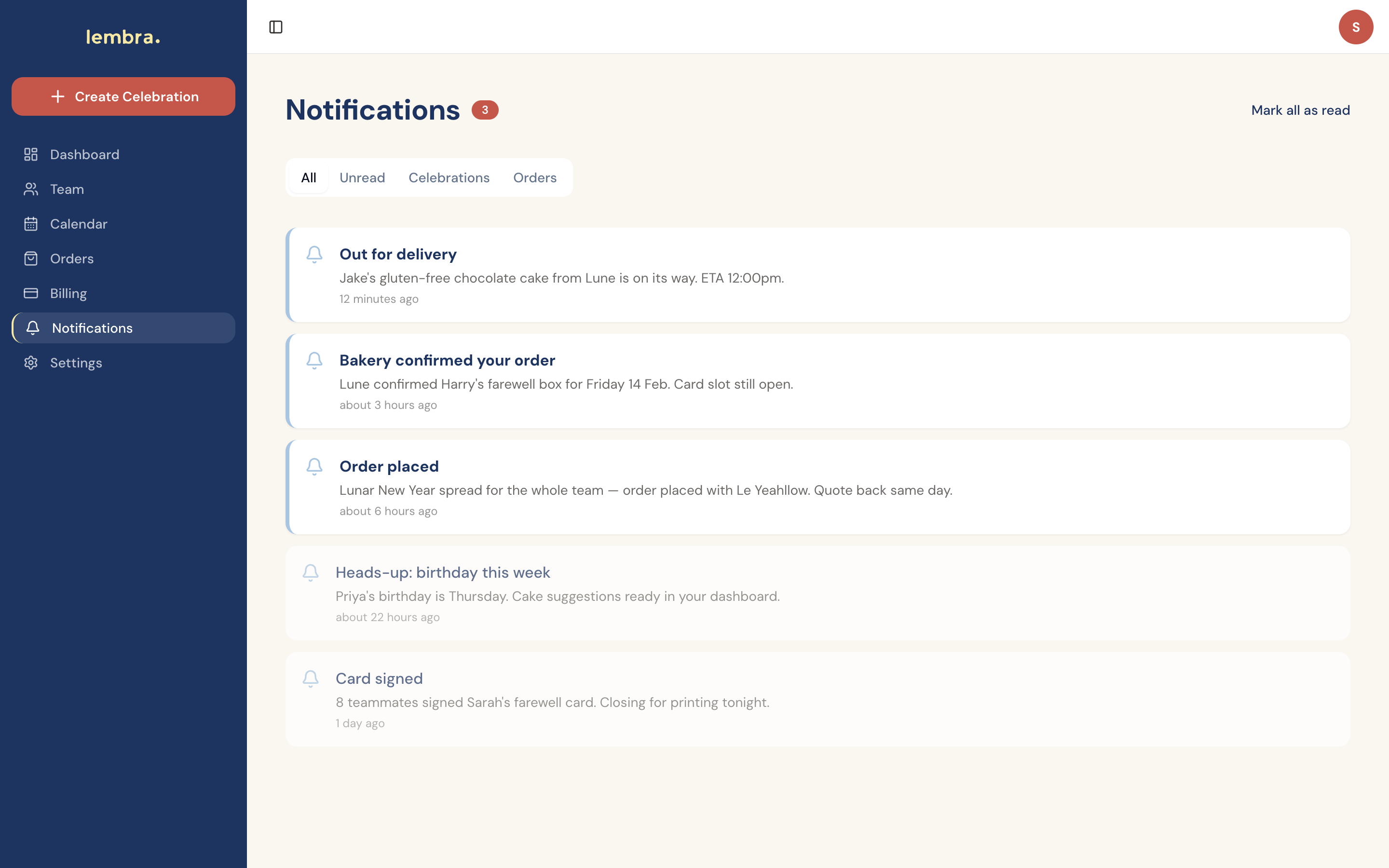 Notifications panel, real-time updates when orders are placed, confirmed, and out for delivery